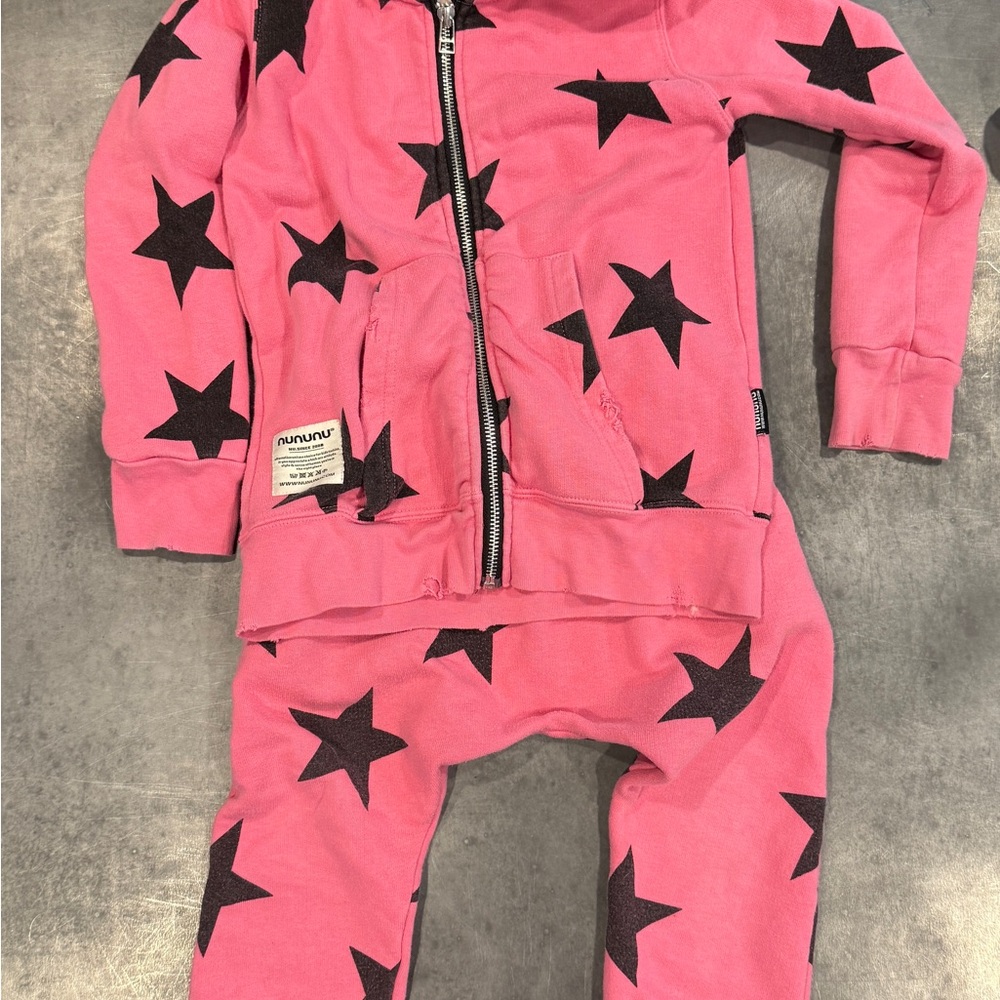 Nununu Pink Star Print Zip-Up Hoodie and Pants Set